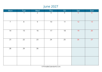 calendar june 2027 week starts on monday