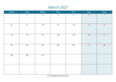 calendar march 2027 week starts on monday