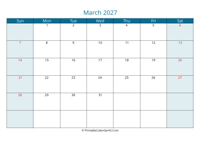 calendar march 2027 week starts on sunday