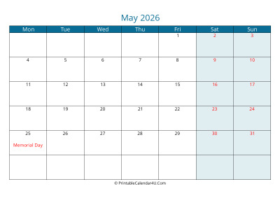 calendar may 2026 week starts on monday
