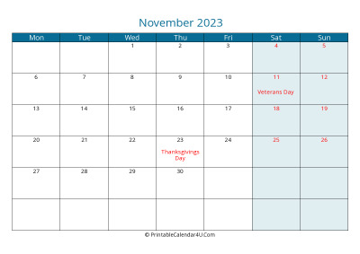 calendar november 2023 week starts on monday
