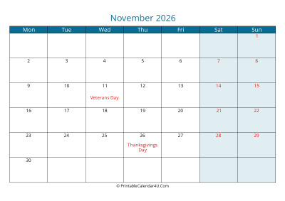 calendar november 2026 week starts on monday