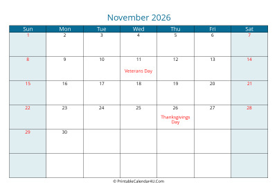 calendar november 2026 week starts on sunday