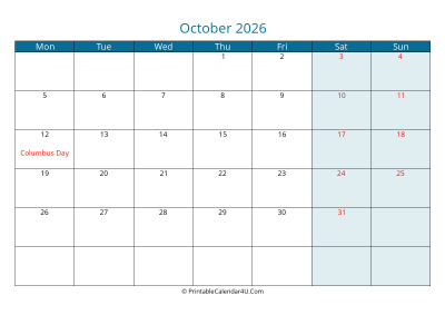 calendar october 2026 week starts on monday