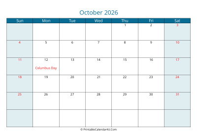 calendar october 2026 week starts on sunday