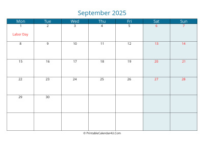 calendar september 2025 week starts on monday