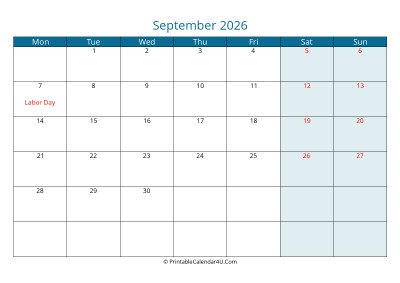 calendar september 2026 week starts on monday