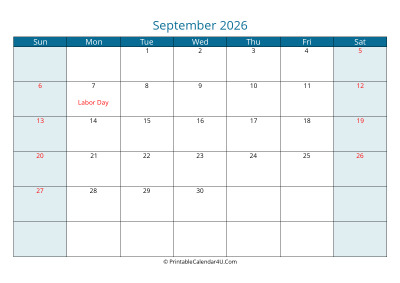 calendar september 2026 week starts on sunday