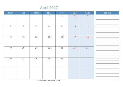 compact april 2027 calendar, week starts on monday