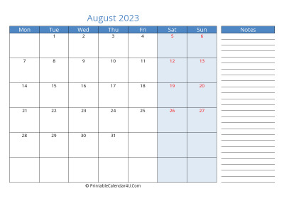 compact august 2023 calendar, week starts on monday