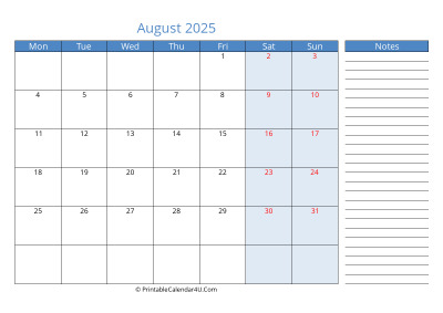 compact august 2025 calendar, week starts on monday