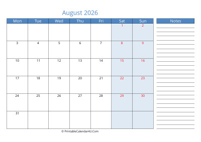 compact august 2026 calendar, week starts on monday