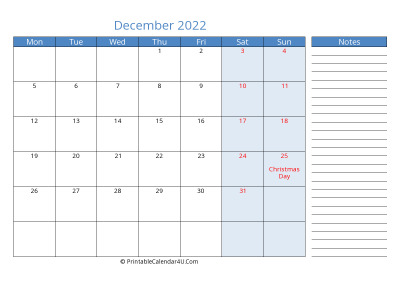 compact december 2022 calendar, week starts on monday