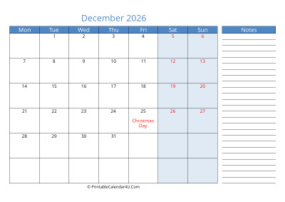compact december 2026 calendar, week starts on monday