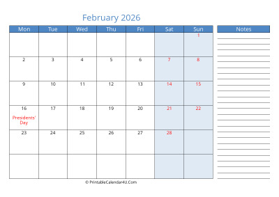 compact february 2026 calendar, week starts on monday