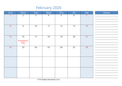 compact february 2026 calendar, week starts on sunday