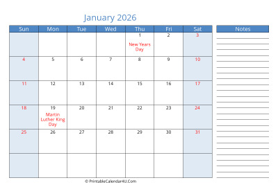 compact january 2026 calendar, week starts on sunday
