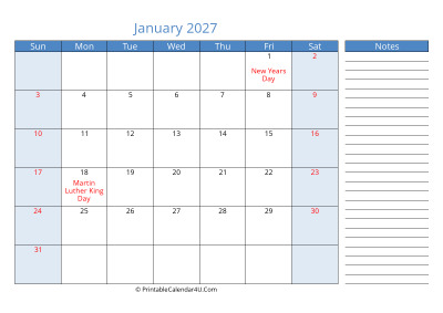 compact january 2027 calendar, week starts on sunday