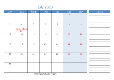 compact july 2023 calendar, week starts on monday
