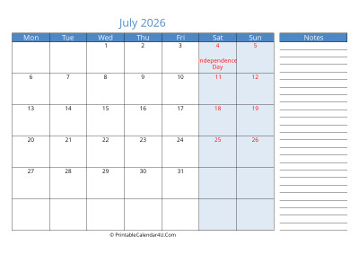 compact july 2026 calendar, week starts on monday