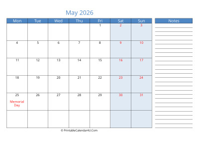 compact may 2026 calendar, week starts on monday