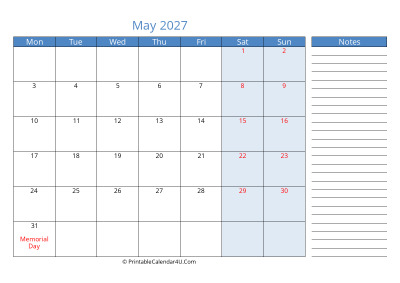 compact may 2027 calendar, week starts on monday