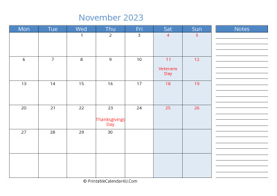 compact november 2023 calendar, week starts on monday