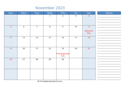 compact november 2023 calendar, week starts on sunday