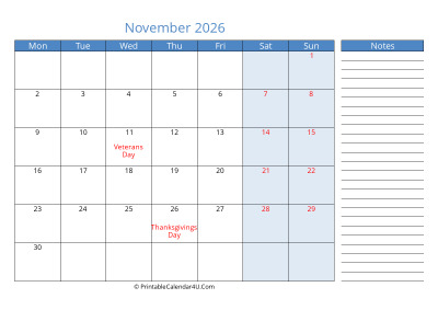 compact november 2026 calendar, week starts on monday