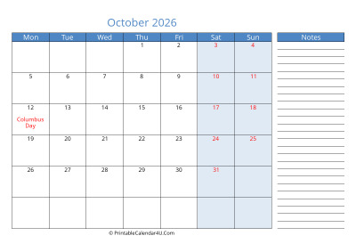 compact october 2026 calendar, week starts on monday