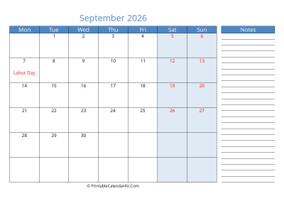 compact september 2026 calendar, week starts on monday