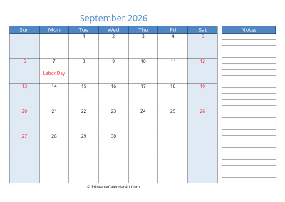 compact september 2026 calendar, week starts on sunday