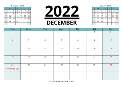 december 2022 calendar with prev and next month, week starts on sunday