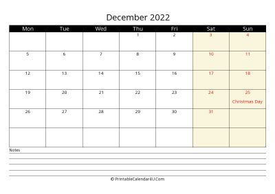 december 2022 monthly calendar with notes, week starts on monday