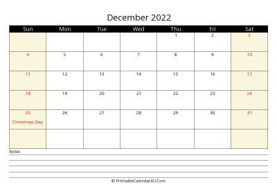 december 2022 monthly calendar with notes, week starts on sunday