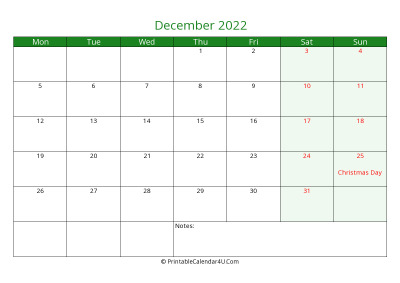 december 2022 printable calendar with holidays, week starts on monday