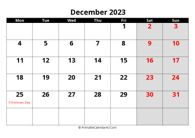 december 2023 calendar, highlighted weekend, week starts on monday