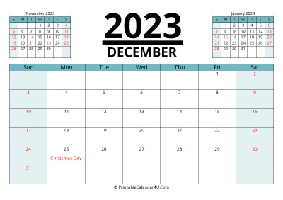 december 2023 calendar with prev and next month, week starts on sunday