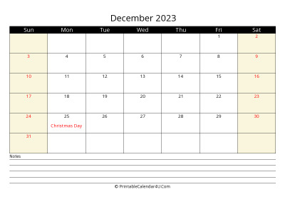 december 2023 monthly calendar with notes, week starts on sunday