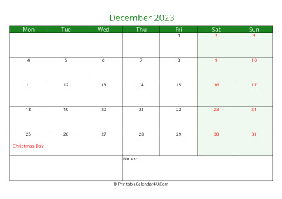 december 2023 printable calendar with holidays, week starts on monday