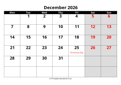 december 2026 calendar, highlighted weekend, week starts on monday