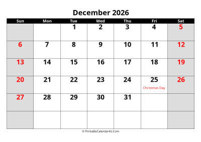 december 2026 calendar, highlighted weekend, week starts on sunday