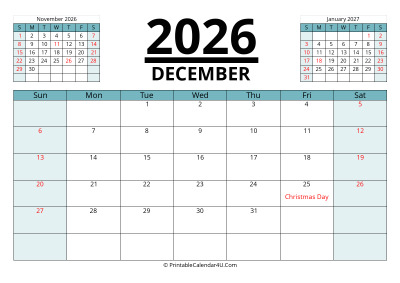 december 2026 calendar with prev and next month, week starts on sunday