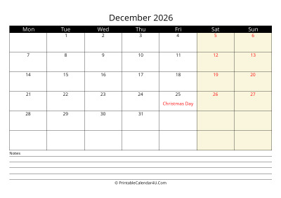 december 2026 monthly calendar with notes, week starts on monday