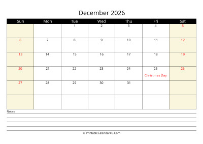 december 2026 monthly calendar with notes, week starts on sunday