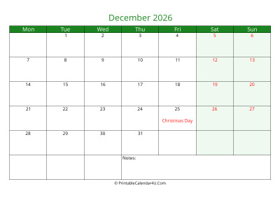 december 2026 printable calendar with holidays, week starts on monday