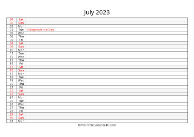 editable 2023 calendar for july, week starts on sunday