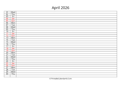 editable 2026 calendar for april, week starts on sunday