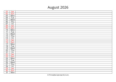 editable 2026 calendar for august, week starts on sunday