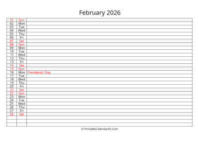 editable 2026 calendar for february, week starts on monday